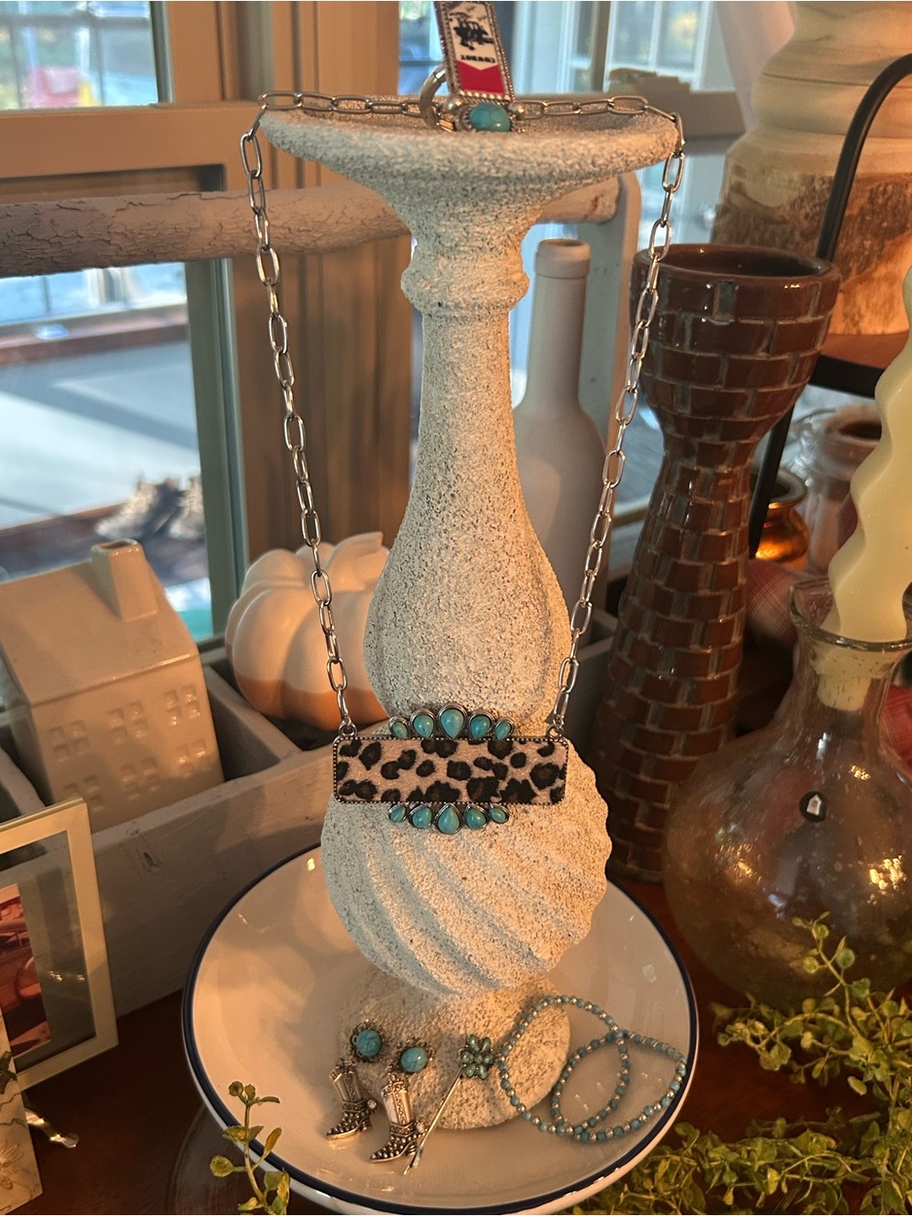 Turquoise & Leopard Print Statement Necklace - Unbranded New